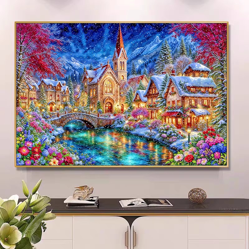 9ct 100x75cm 겨울 교회 자수 DIY 프린트  - Home Textiles Discount 리뷰 및 가격